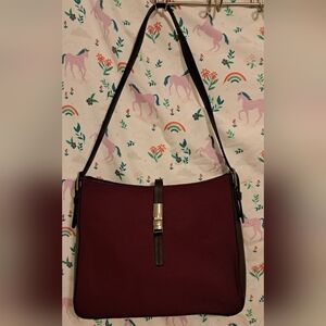 EUC Lamarthe Burgundy Cotton & Black Italian Leather Casual Shoulder Purse Bag